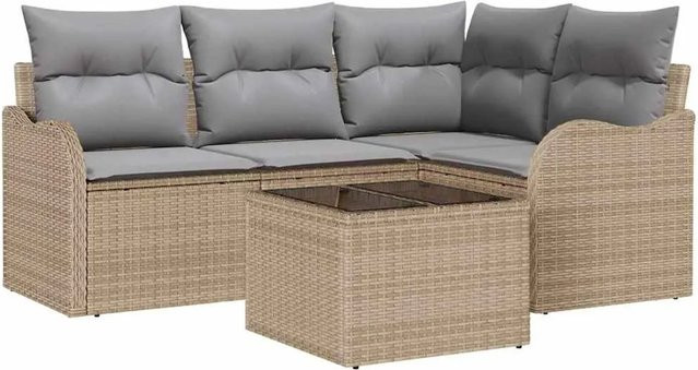 vidaXL Garten-Sofa-Set aus Poly Rattan in Beige mit Kissen, 5-teiliges L-Shape Lounge-Set mit UV-beständigen Polstern - Bild 1