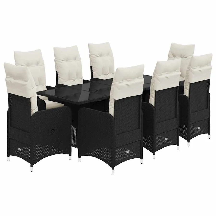 vidaXL 9-teiliges Garten-Bistro-Set aus Poly-Rattan in Schwarz mit Kissen und Hartglas-Tischplatte - Bild 2
