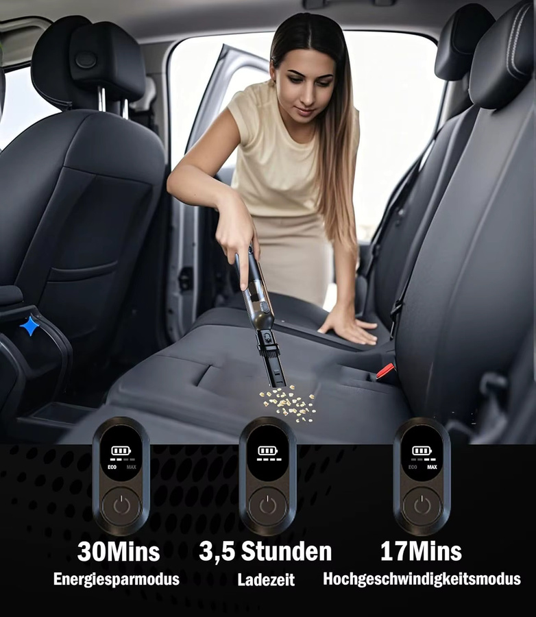 TUERBB VC030 4-in-1 Tragbarer Staubsauger und Gebläse in Schwarz mit LED-Anzeige, starker Saugkraft und Vakuumpumpe für Auto, Reisen und PC - Bild 2