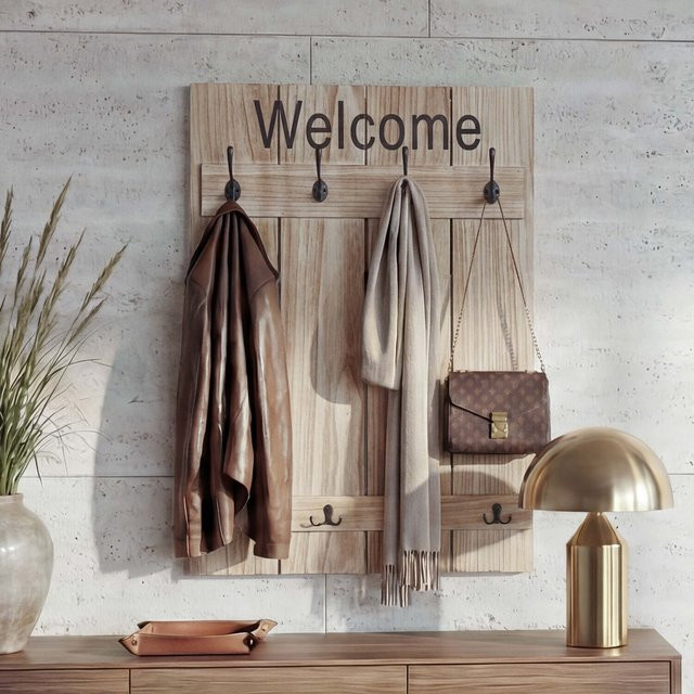Wandgarderobe MCW Welcome C89 aus Paulowniaholz im Shabby-Look Vintage, Farbe: Braun, B x H: 91 x 60 cm - Bild 1