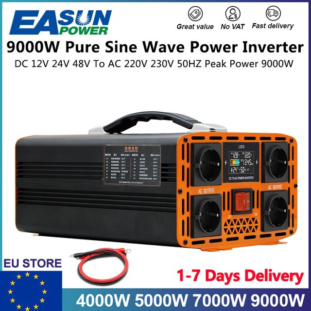 Easun Pure Sinus Wechselrichter DC 12V/24V zu AC 220V 50Hz in Schwarz mit 7000W bis 9000W für Auto, Wohnmobil und Zuhause - Bild 1