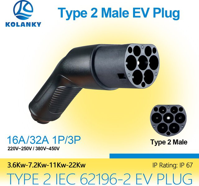 KOLANKY Typ 2 EV-Stecker IEC62196-2 für Elektroautos, männlich und weiblich, Schwarz - Bild 1