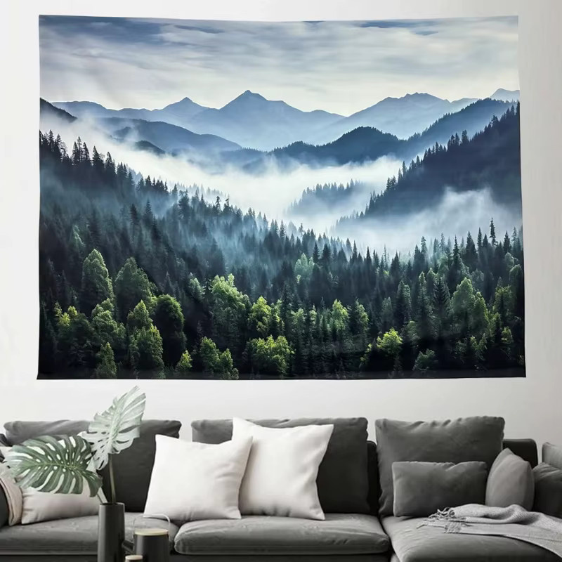 VIKAMA Wandteppich Heilender Bergwaldnebel in Blau, Textil-Wanddekoration mit Naturmotiv und Gebirgslandschaft - Bild 4