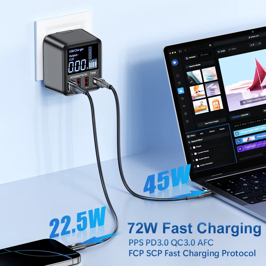 ASOMETECH 72 W GaN USB-Ladegerät in Schwarz mit 4 Ports und LED-Anzeige, unterstützt QC3.0, PD3.0 und PPS, inklusive USB-C Schnellladegerät für iPhone 16, iPad, Samsung und Xiaomi - Bild 4