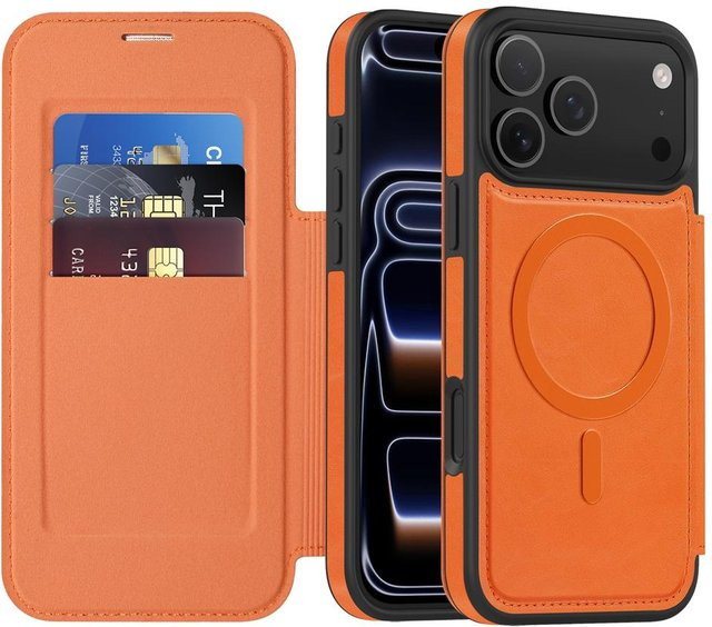 Magnetische Lederhülle für Apple iPhone mit Kartensteckplatz, Ständer und kabellosem Laden, Farbe: Orange - Bild 1