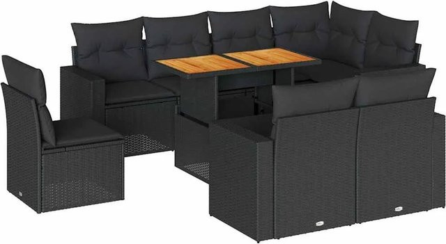 vidaXL 9-teilige Garten-Sofagarnitur aus Poly-Rattan und Akazienholz in Schwarz mit Kissen - Bild 1