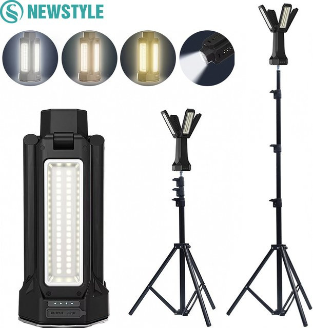 Dimmbare LED Campingleuchte mit 16000 mAh Akku und Ständer, wasserdichter Teleskop-Arbeitsscheinwerfer in Schwarz für Notbeleuchtung und Outdoor-Einsätze - Bild 1