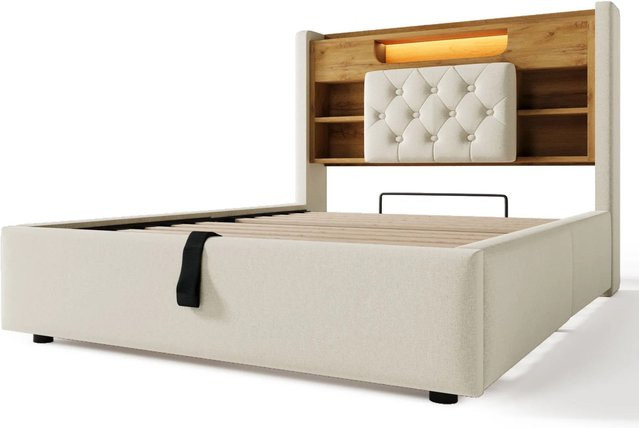Merax Polsterbett mit Stauraum und LED-Beleuchtung in Beige, B/T/H: 90 x 200 x 115 cm - Bild 1