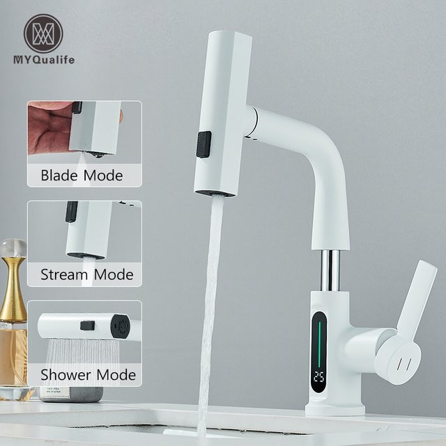 MYQualife Wasserfall-Waschtischarmatur mit digitaler Anzeige und hochklappbarem Sprühkopf in Weiß Matt - Bild 1