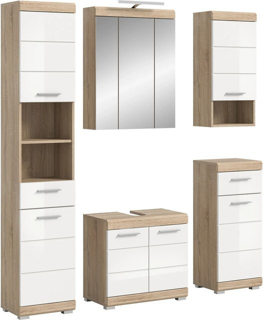 Badkombi Lambada von xonox.home in Eiche und Weiß Hochglanz mit LED-Beleuchtung, 6-teiliges Badezimmer-Set, B/H/T: 164 x 191 x 34 cm - Bild 1
