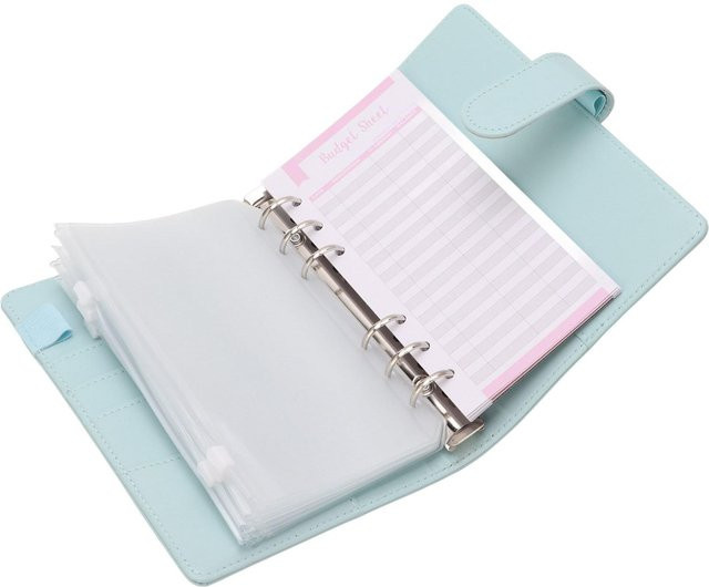 Budget Planer A6 Notizbuch Binder aus PU-Leder in Blau mit 12 Budgetblättern und 8 transparenten Reißverschlussbeuteln aus PVC - Bild 1