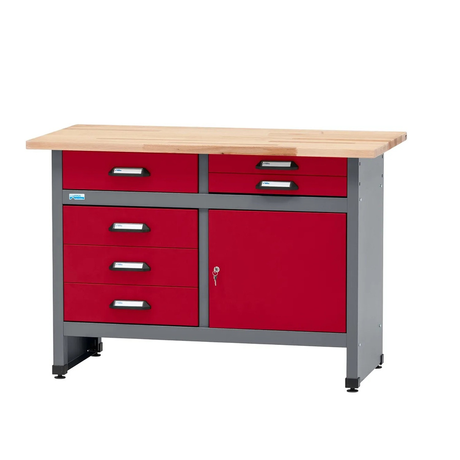 Küpper Werkbank eintürig mit 6 Schubladen aus Vollbuchenplatte, Dunkelrot, B/T/H: 120 x 60 x 84 cm - Bild 2