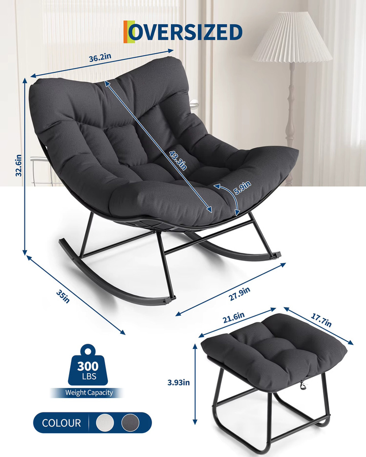 HiMISS Outdoor Papasan Schaukelstuhl mit Rattan-Design und Metallrahmen, Übergroßer Loungesessel mit Polsterung und Ottoman in Weiß oder Grau - Bild 5
