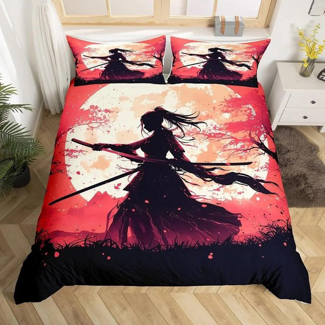 Japanisches Samurai Bettwäscheset mit Kirschblüten, Roter Sonne und Fuji Berg, Doppelgröße, Farbe: Rot, B/H: 180 x 210 cm - Bild 1