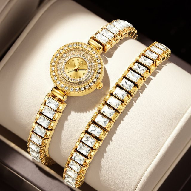 YaLaLuSi Armbanduhr, Analoguhr, Edelstahl, Gold, Schwarz, Diamantbesetzt, Damen - Bild 1
