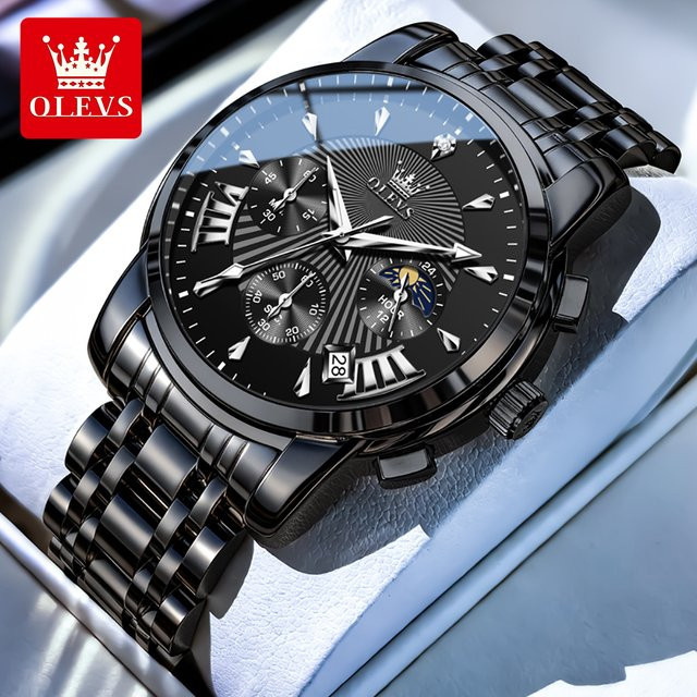 OLEVS Armbanduhr, Quarz, Chronograph, Datum, Edelstahl, Herren, Schwarz - Bild 1