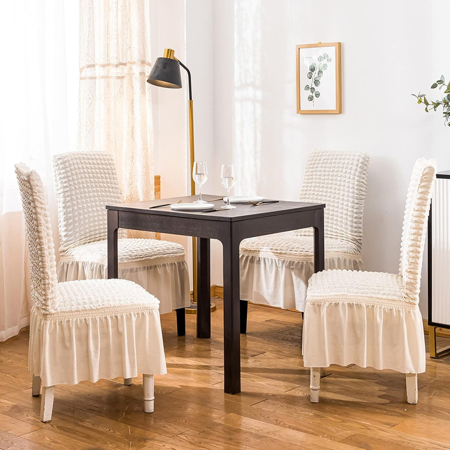 Universal-Stretch-Esszimmerstuhlbezug aus Seersucker mit Schößchen in Beige, abnehmbarer Polyester-Bezug für Parsons-Stühle - Bild 2