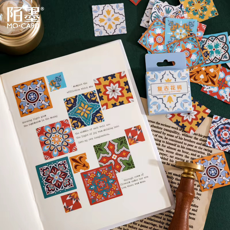 46 Blatt Retro-Blumenfliesen Sticker im exotischen Vintage-Stil, handgefertigte DIY-Dekoration mit ethnischen Motiven, Mehrfarbig - Bild 3