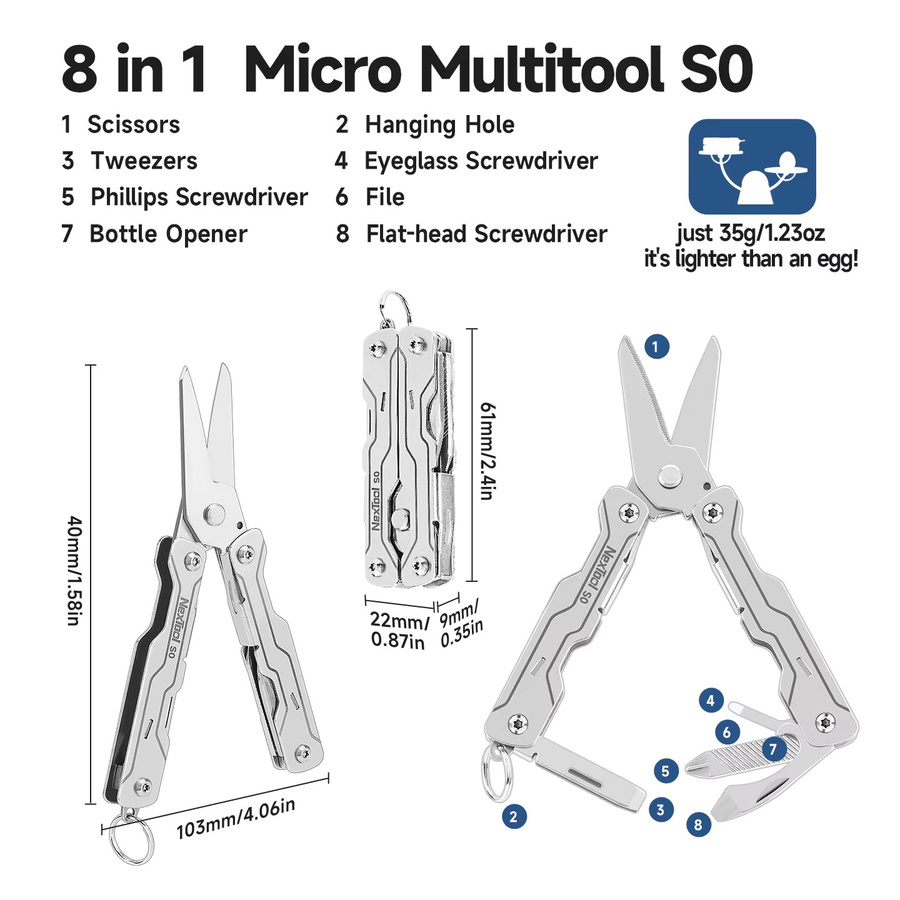 NexTool 8-in-1 Mini-Seatenschere S0 Micro-Schlüsselanhänger Multitool in Silber als tragbares EDC-Werkzeug im Taschenformat - Bild 3