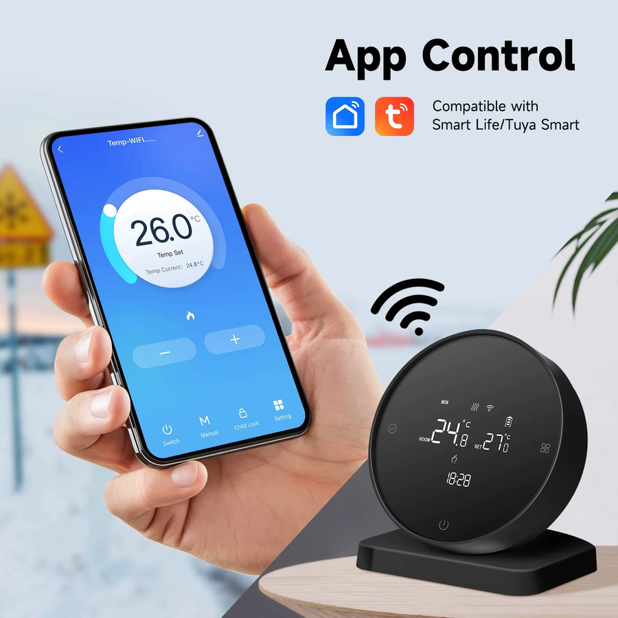 RKHK Tuya WiFi Smart Thermostat in Schwarz mit RF Wireless Receiver, intelligenter Temperaturregler für Wasser- und Gaskessel, kompatibel mit Alexa und Google Home - Bild 2