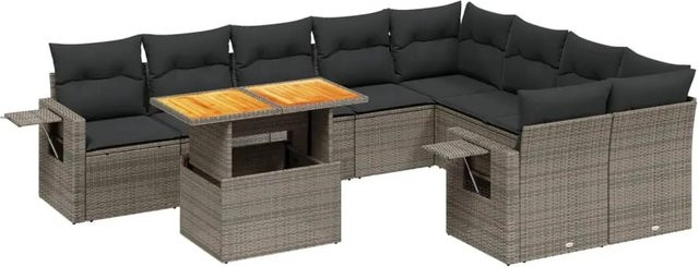 vidaXL 10-tlg. Garten-Sofagarnitur in L-Form aus Polyrattan und Akazienholz mit Kissen in Grau - Bild 1