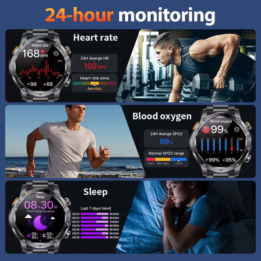 LIGE Neue Outdoor Smartwatch für Herren mit 1,7 Zoll Display, Bluetooth Anruffunktion, Herzfrequenzmessung und Taschenlampe, wasserdicht, Schwarz/Silber - Bild 5