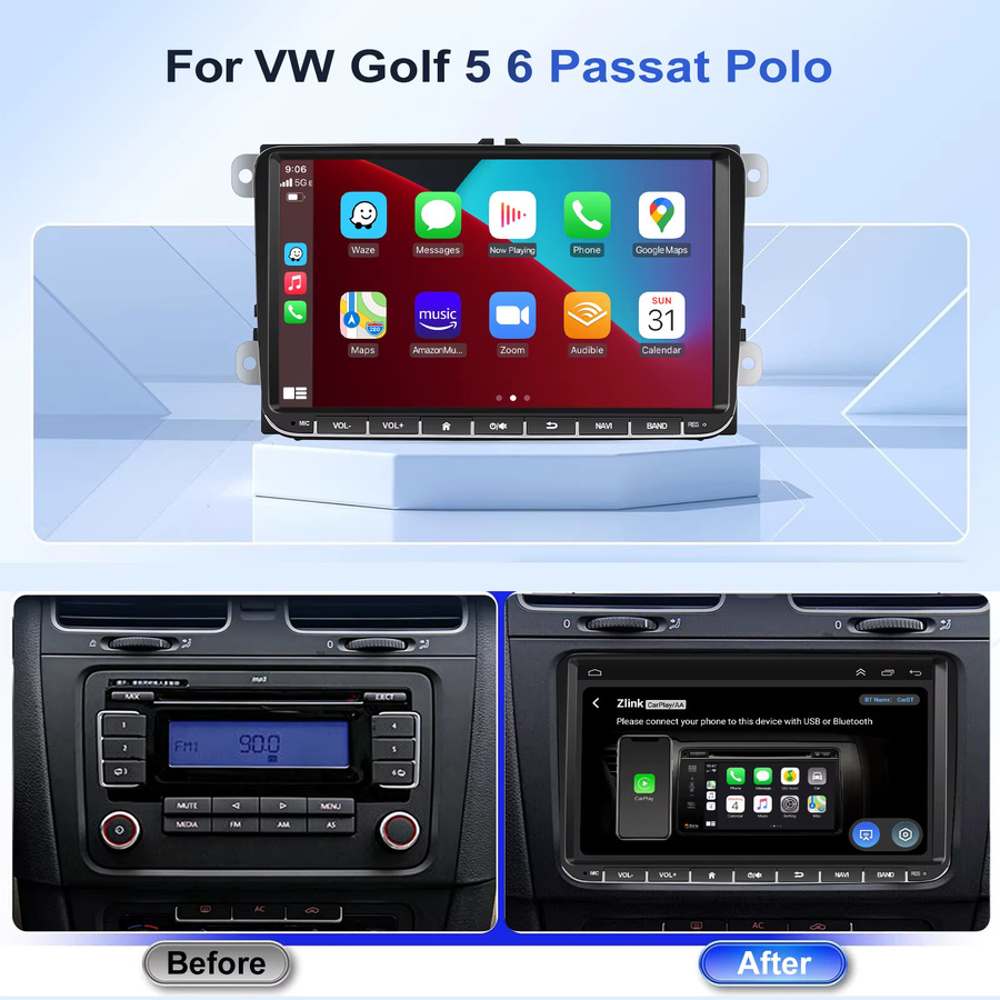 ESSGOO Android 15 Autoradio mit 9 Zoll Display, 64G Speicher, kabellosem Carplay, Android Auto und GPS-Navigation für SEAT SKODA VW Golf 5 6 Plus Tiguan Touran Polo Caddy EOS 6R Passat Jetta Rabbit T5 Sharan, Schwarz - Bild 2