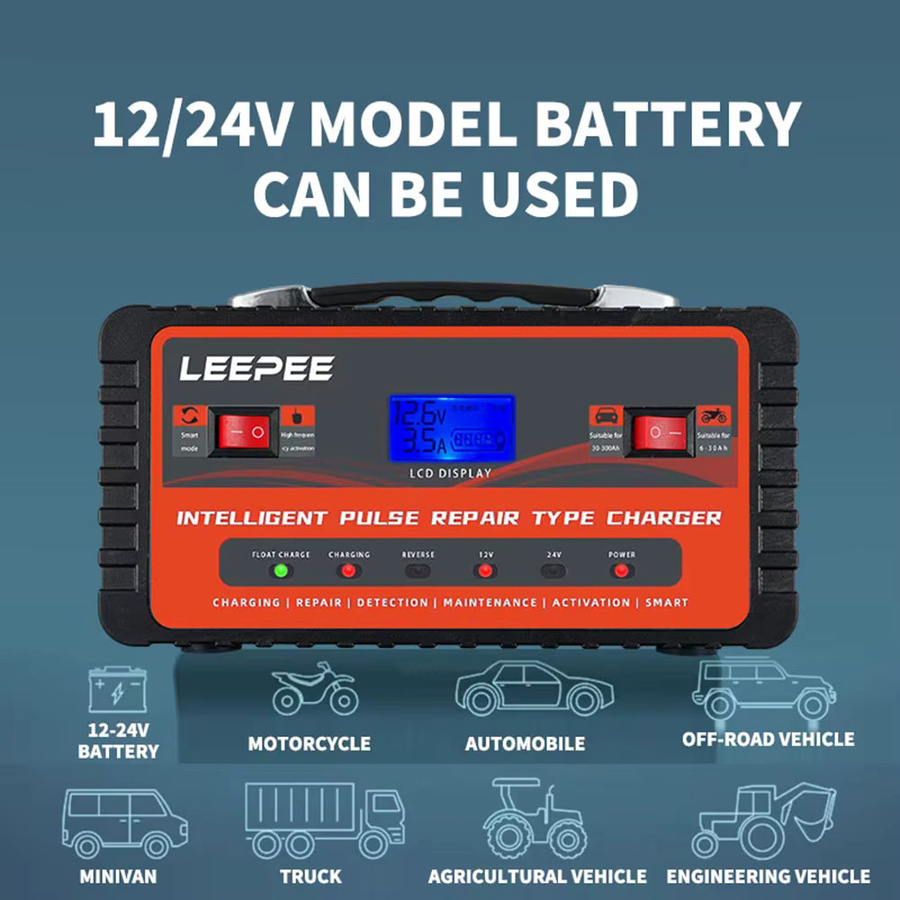Digitales LCD Display Smart Batterie Ladegerät mit Puls Reparaturfunktion für Auto, SUV, Motorrad und Lkw, 12V/24V, 300Ah, Schwarz und Rot - Bild 4