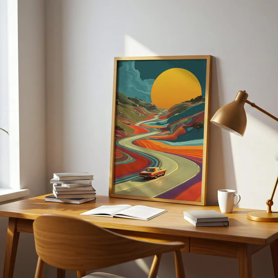 Retro-psychedelischer Roadtrip Wandkunstdruck von SHENCHEN als Vintage-Poster mit Sonnenuntergang und surrealer Landschaft auf mehrfarbiger Leinwand - Bild 5