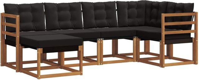 vidaXL Outdoor-Sofagarnitur 6-teilig L-Form aus Akazienholz und Textilene in Schwarz und Natur mit Kissen und Armlehnen - Bild 1