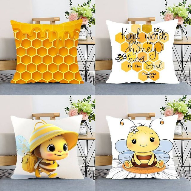 Bee & Letter Grafischer Kissenbezug aus Polyester mit Tiermotiv, B/B/H: 40 x 40 x 40 cm - Bild 1
