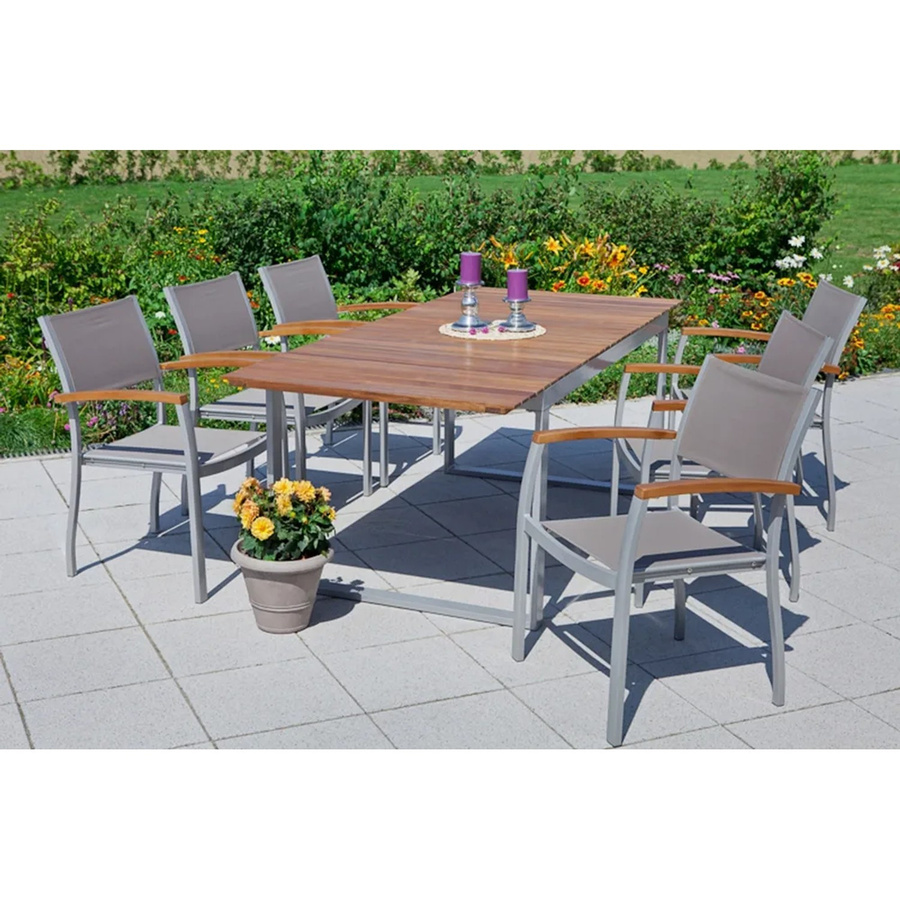 Merxx Gartenmöbel-Set Naxos 7-teilig in Grau mit ausziehbarem Tisch und Stapelstühlen aus Akazien-Holz und Aluminium - Bild 2