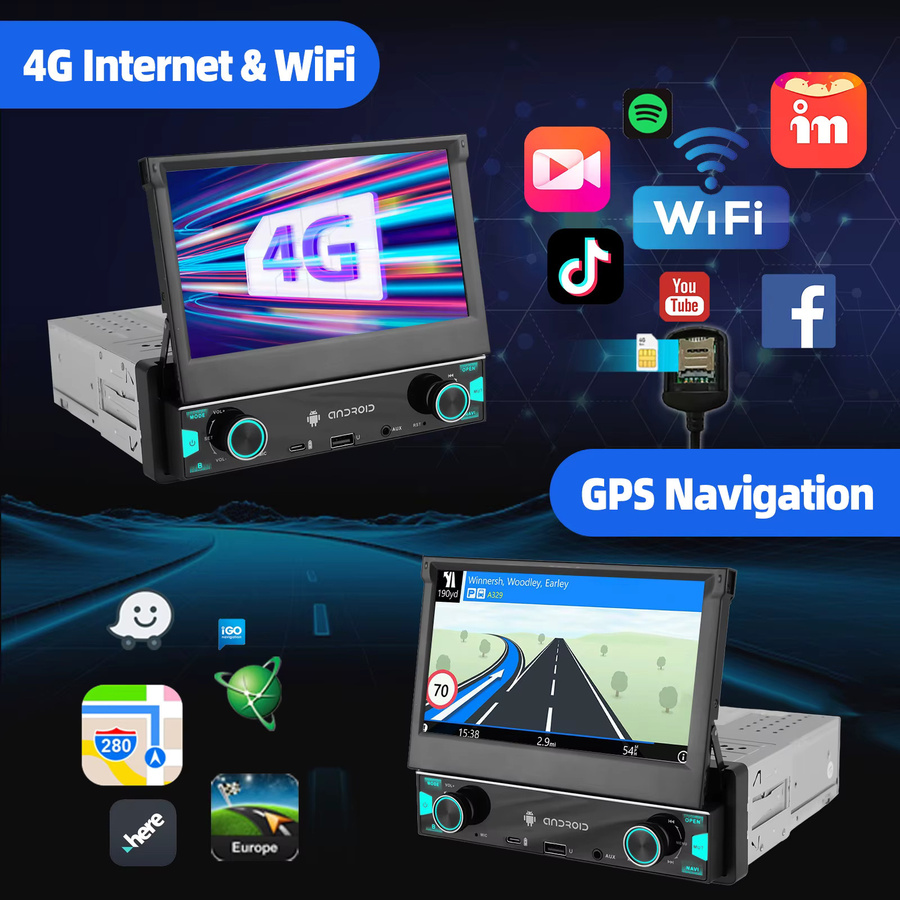 ESSGOO Android 15 Autoradio mit 7 Zoll ausklappbarem Touchscreen, 6+128GB, 1 DIN, Kabelloses CarPlay, GPS, WLAN, Bluetooth, Schwarz - Bild 4