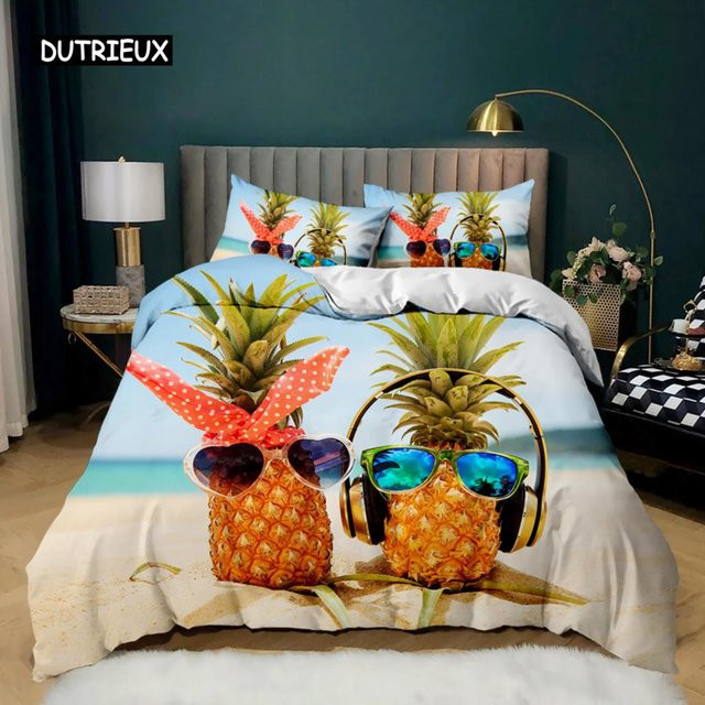 Binchi Outdoor Product Ananas Bettbezug-Set mit Kissenbezug, Weiß und Gelb, Abstraktes Tropenfrüchte-Design aus Polyester, B/H: 135 x 200 cm - Bild 1