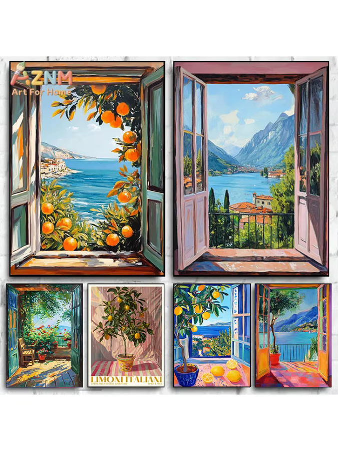 Gemälde Offenes Fenster im Stil von Henri Matisse als Kunstdruck mit Mittelmeer-Landschaft, Orangenbaum und Küstenansicht in Mehrfarbig - Bild 3