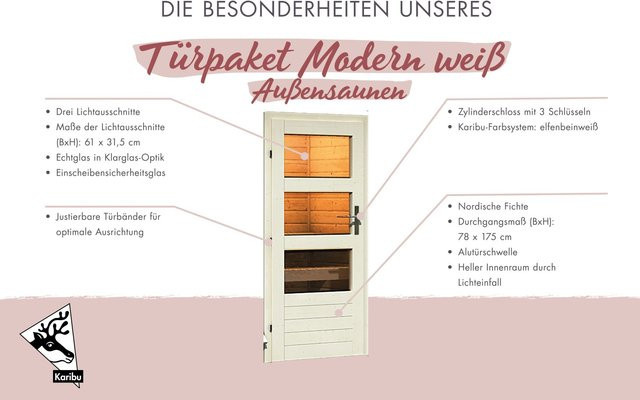 Karibu Saunatür für Außensauna Modern in Elfenbeinweiß, B/H: 78 x 175 cm - Bild 3