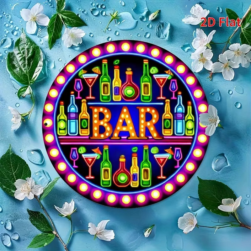 Potdemiel Retro-Bar-Neonschild Wanddekoration aus Metall in Multicolor, rundes Metallschild mit Grafik-Design und vorgebohrten Löchern zum Aufhängen - Bild 3