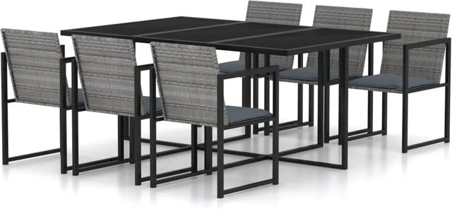 vidaXL 7-tlg Garten-Essgruppe aus Poly Rattan in Grau mit Kissen und Tisch aus gehärtetem Glas - Bild 1