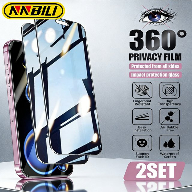 NNBILI 2 Stück Sichtschutz-Displayschutzfolie aus gehärtetem Glas mit 360 Grad Abdeckung für iPhone 17 16 15 14 13 12 11 Pro Max, kratzfest und transparent - Bild 1