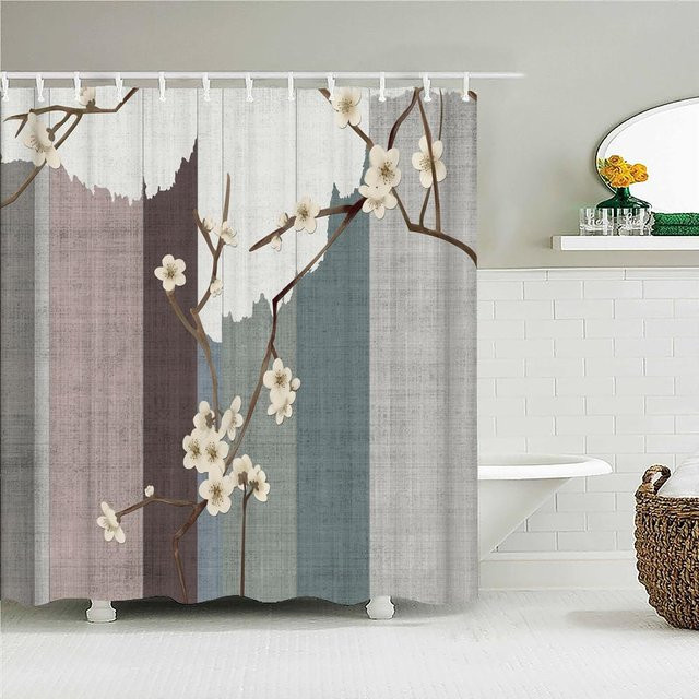 Wasserdichter Duschvorhang aus Polyestergewebe mit Samurai-Landschaft und Wellen-Design im japanischen Stil, Mehrfarbig, B: 150 cm, H: 180 cm - Bild 1