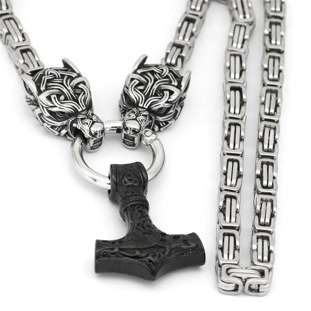 Rany und Roy Halskette Edelstahl, Wikinger Wolfskopf Thors Hammer Anhänger, 60cm, Herren, grau - Bild 1