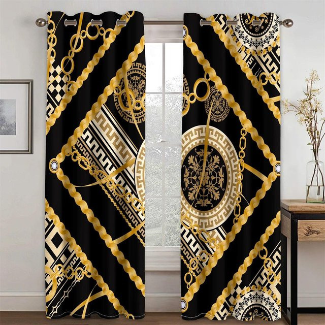 A Family Of Home Textiles Barock Vorhang Set in Schwarz und Gold, 2er Pack Moderne 3D Design Fensterdekoration aus Polyester, Breite: 85 cm, Höhe: 200 cm - Bild 1