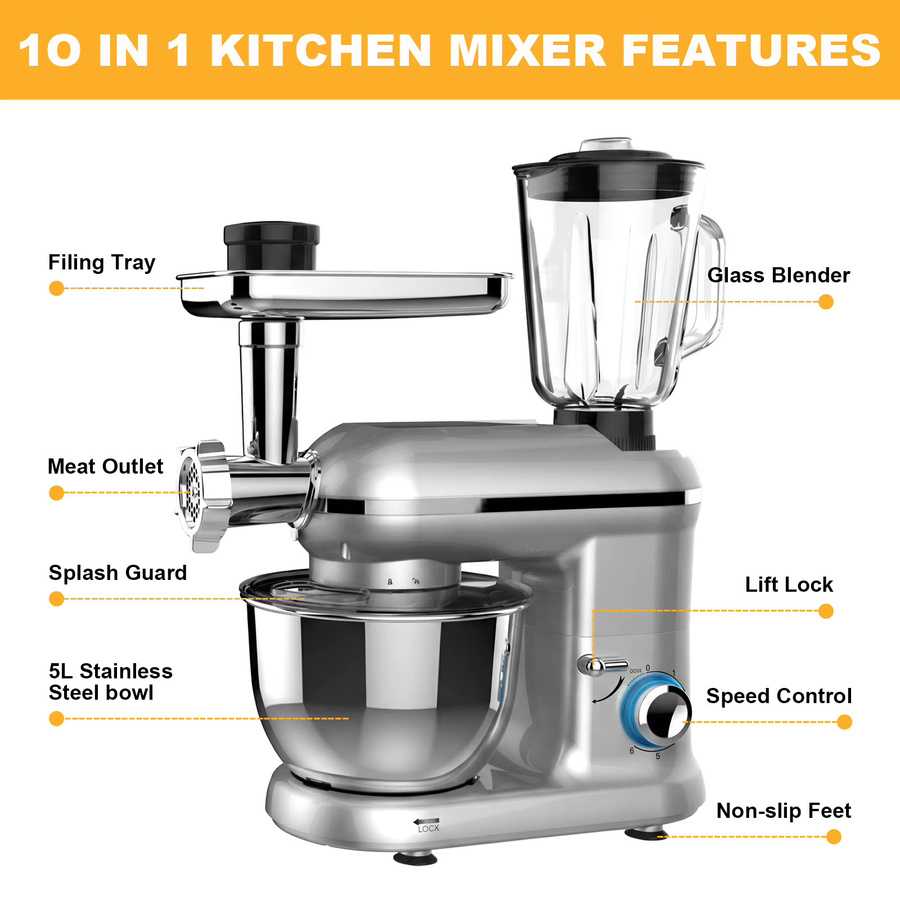 Jianyana Multifunktionaler Standmixer 1900W mit 6L Edelstahl-Rührschüssel in Silber inklusive Fleischwolf, Knethaken, Schneebesen und Rührbesen - Bild 7