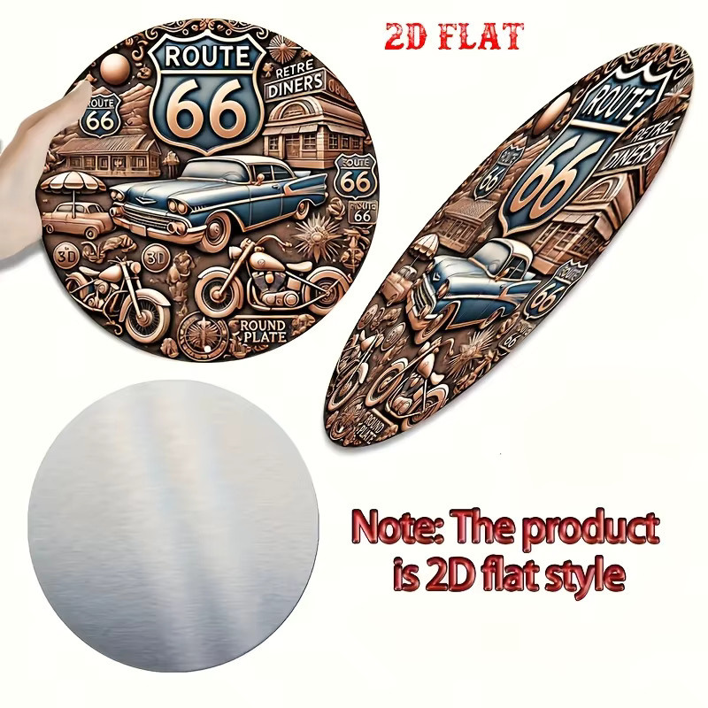 Potdemiel Vintage Route 66 Rundes Aluminiumschild in Blau mit Auto- und Motorrad-Design als Metallwandkunst für Garage und Zuhause, Durchmesser: 20 cm - Bild 4