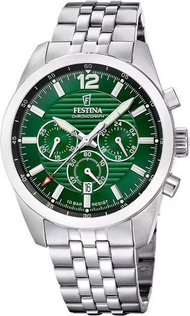 Festina Herrenuhr Chronograph, Quarz, Edelstahl, 44 mm, Grün, 10 ATM - Bild 1