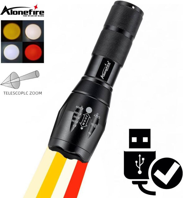 Alonefire LED-Hochleistungs-Taschenlampe mit Zoom in Gelb und Orange für Outdoor, Camping und Fotografie - Bild 1