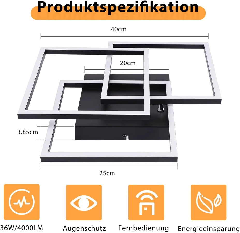 Cliheet Moderne LED-Deckenleuchte in Schwarz mit quadratischem Rahmen, 36 W, dimmbar - Bild 3