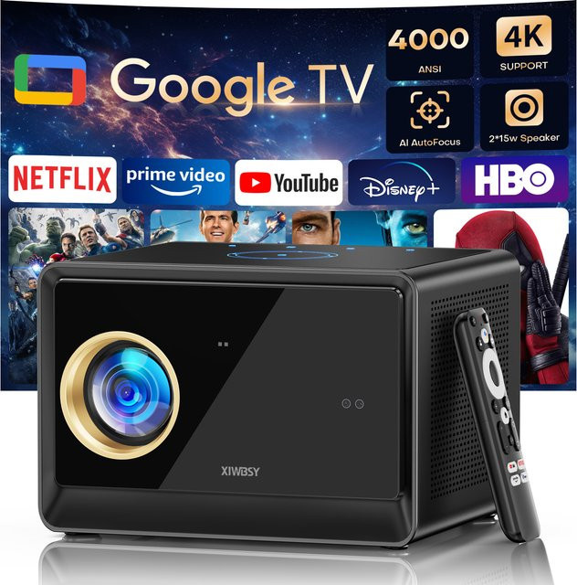 XIWBSY 4K UHD Google TV Projektor mit Android 14.0, 4000 ANSI Lumen, 52000 Lumen und WiFi6 sowie Google Sprachassistent - Bild 1