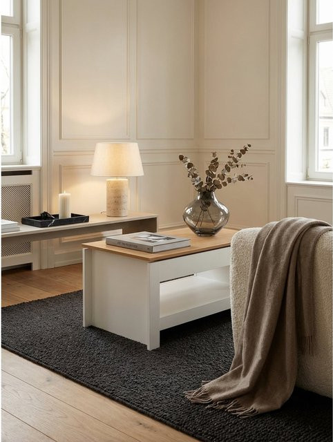 KADIMA DESIGN Couchtisch Modern in Weiß und Eiche, Eckig mit Stauraum und Ablagefach, B: 85 cm, T: 47 cm, H: 45 cm - Bild 1