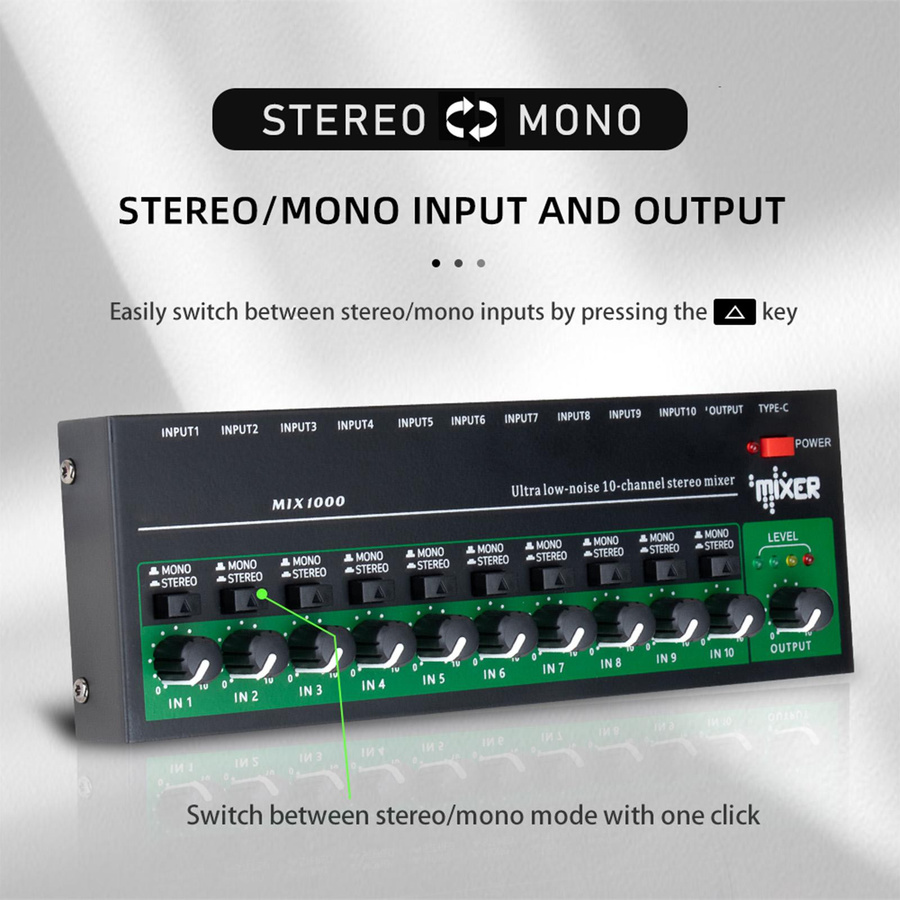 Andoer 10-Kanal Audio Mixer Stereo Mono Line Mixer mit USB-C und Metallgehäuse in Schwarz - Bild 2